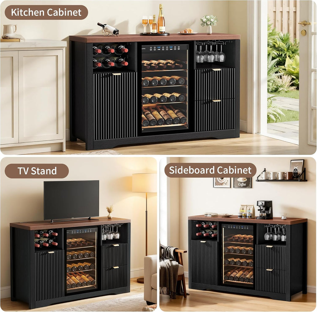 Coffee Bar Cabinet with Mini Fridge Space, 53"Wine Cabinets with Storage | Wood Fluted Liquor Cabinet with Storage Drawer, Wine Rack,Glass Holder for Home, living Room,20"D x 53"W x 39.4"H-Black