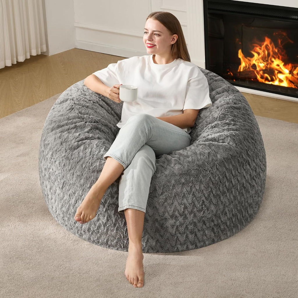 Hobestluk Bean Bag Chair Large Washable Soft Living Room Adult 3Ft Grey | No Assembly Required Memory Foam Filling Machine Washable Cover Bedroom Dorm Reading Gaming Fluffy Plush Faux Fur Fabric