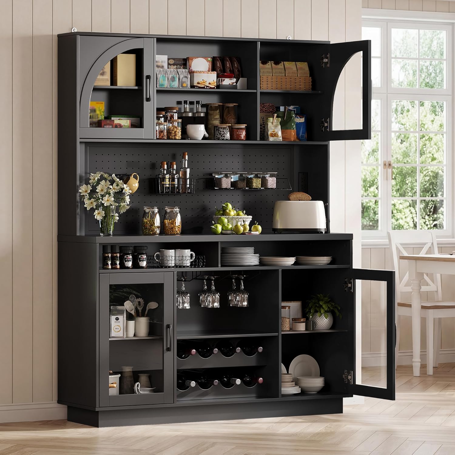 IPKIG 71" Kitchen Pantry Cabinet with Charging Station, Kitchen Hutch Storage Cabinet with LED Lights, Pantry Organizers and Storage with Anti-Tip Device for Dining Room, Black
