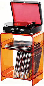 Acrylic Record Player Table with Storage Shelf, Clear Side Table Nightstand (Orange, Medium)