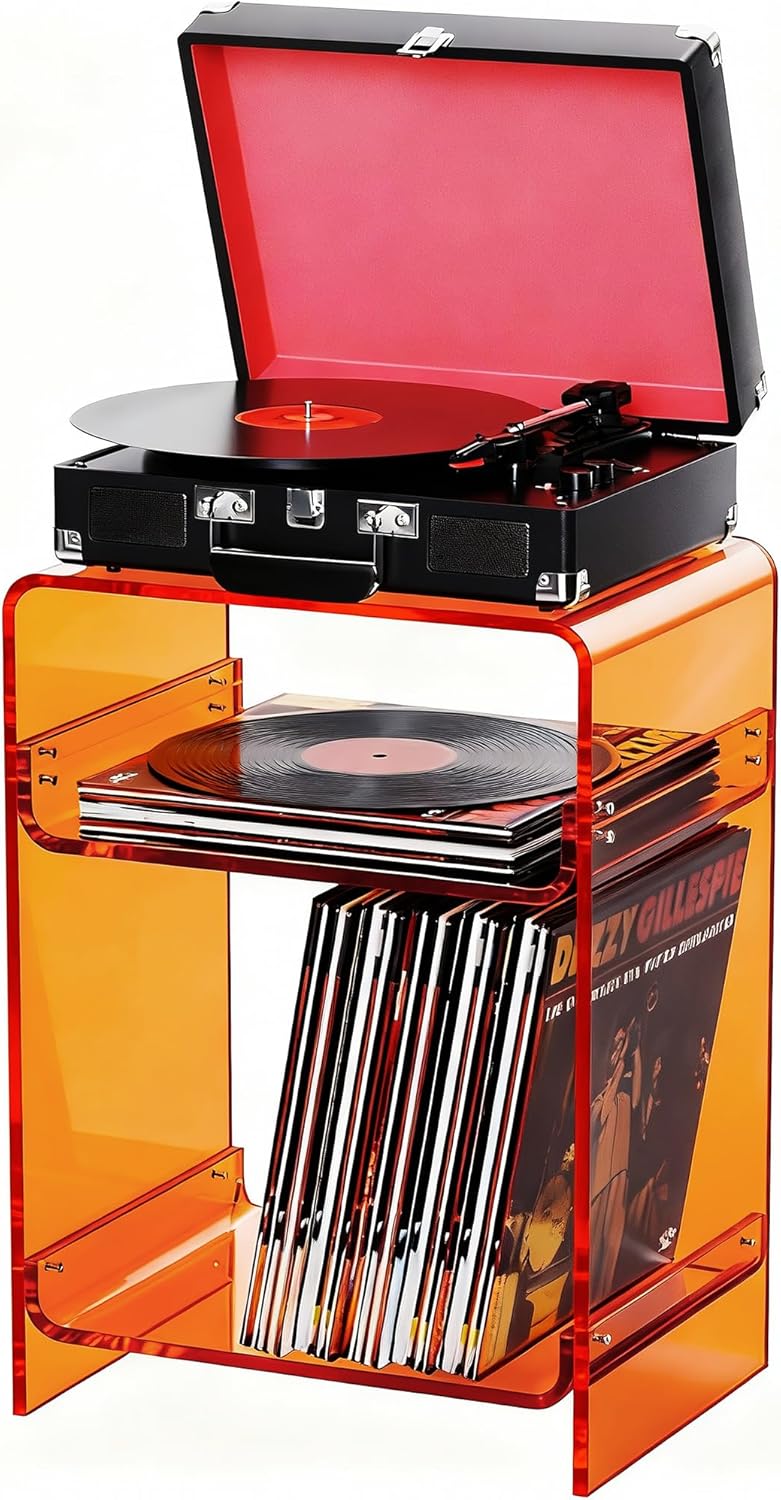 Acrylic Record Player Table with Storage Shelf, Clear Side Table Nightstand (Orange, Medium)