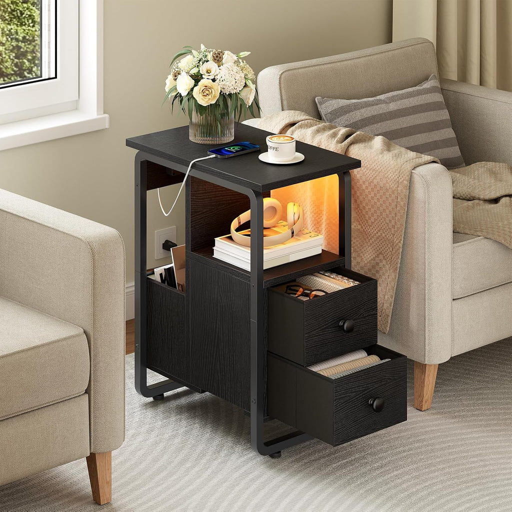 HOOBRO Narrow End Table with Charging Station & LED Lights, Slim Nightstand with 2 Fabric Drawers and Open Shelves, Narrow Side Table for Living Room, Bedroom, Black BB430UDBZ01
