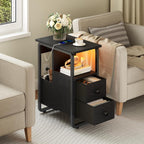 HOOBRO Narrow End Table with Charging Station & LED Lights, Slim Nightstand with 2 Fabric Drawers and Open Shelves, Narrow Side Table for Living Room, Bedroom, Black BB430UDBZ01