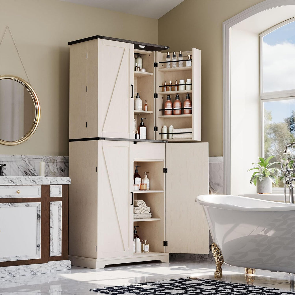 HOMPUS 71" Tall Kitchen Pantry Cabinet with Doors and Drawer, Farmhouse Storage Cabinet with Adjustable Shelves, Freestanding Wood Cupboard for Kitchen, Dining Room, Living Room, Bathroom, Off-White