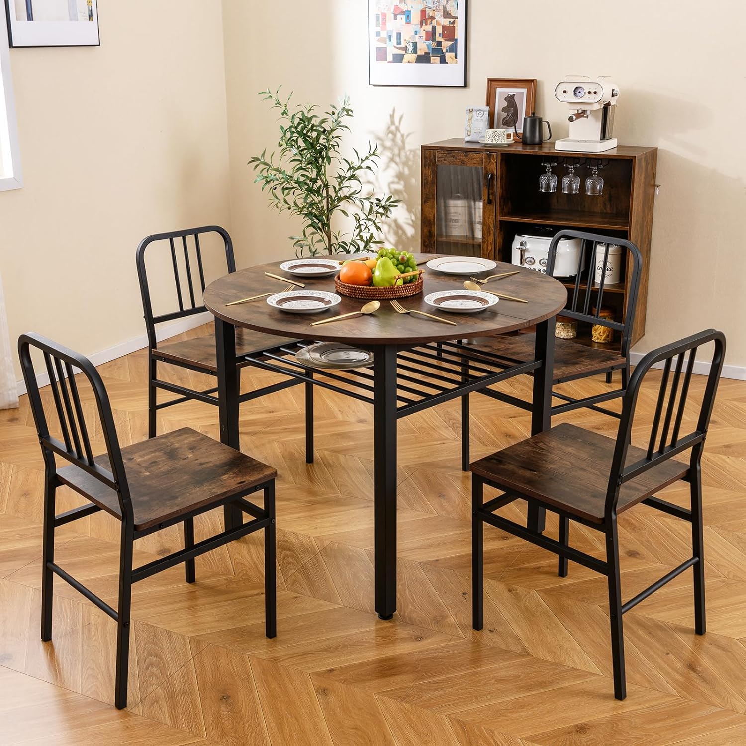 GOFLAME 5-Piece Round Dining Table Set for 4, Space-Saving Kitchen Table and Chairs Set with Storage Shelf, Industrial Wooden Dinette Set for Dining Room, Living Room, Breakfast Nook, Rustic Brown