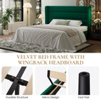 SHA CERLIN King Size Velvet Bed Frame with Wingback Headboard/Upholstered Platform Bed with Wooden Slats/Mattress Foundation/No Box Spring Needed/Easy Assembly/Green