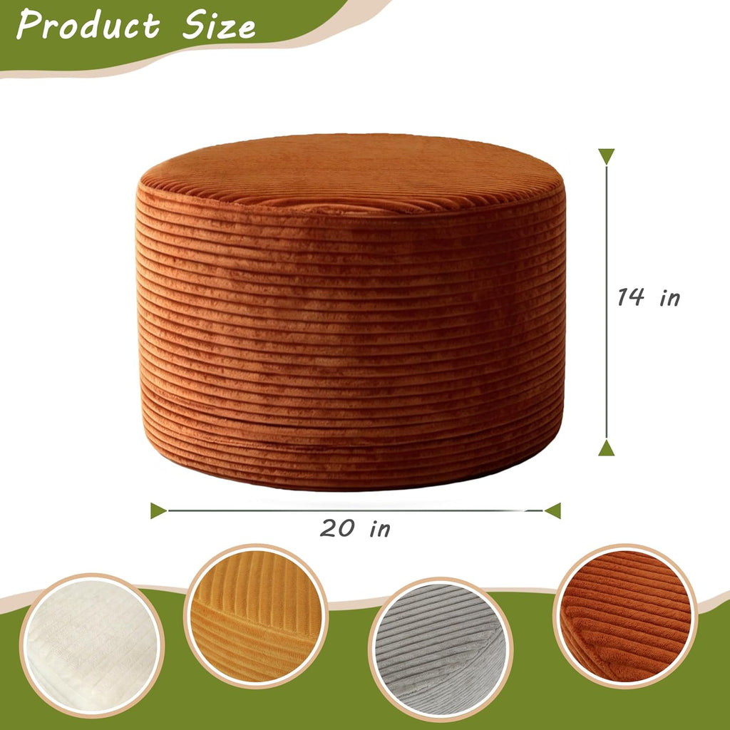 Thgonwid Round Ottoman Pouf, Plush Corduroy Foot Stool with High-Density Memory Foam, 3-in-1 Footrest Extra Seating Side Table for Living Room Bedroom Home Decor, 20 x 14 Inch, Burnt Orange