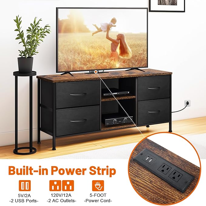 TV Stand for Bedroom, Television Stand for TV up to 46 Inch Entertainment Center Dresser with 4 Drawers Open Storage Shelves for Living Room, Entryway (Black and Rustic Brown)