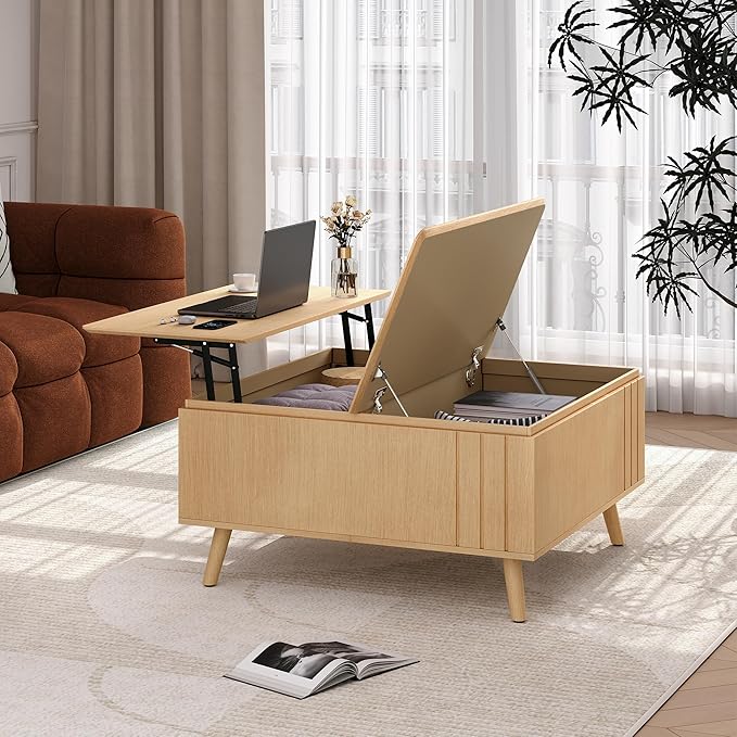 36.2" Lift Top Coffee Table with Storage, Large Square Coffee Tables with Hidden Compartment, Mid Century Modern Center Table for Home Office,Living Room,Oak