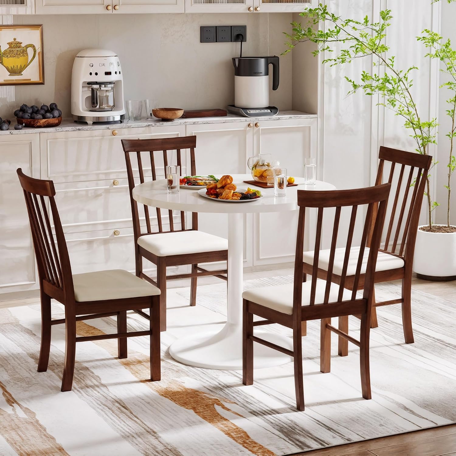 HOMCOM Wooden Dining Chairs Set, Farmhouse Upholstered Kitchen Chairs with Rubber Wood Frame for Living Room, Dining Room, Dark Brown and Beige, Set of 2
