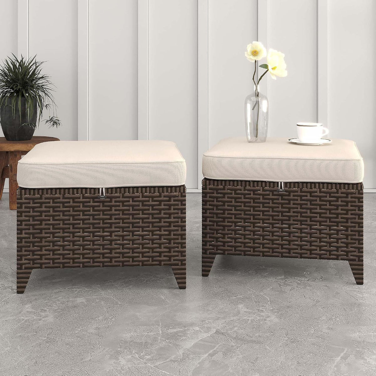 Patio Ottomans 2 Pieces, Outdoor 22" x 22" PE Wicker Ottoman with Removable Waterproof Cushions, All Weather Rattan Foot Stool Furniture for Deck, Porch, Backyard, Balcony, Poolside