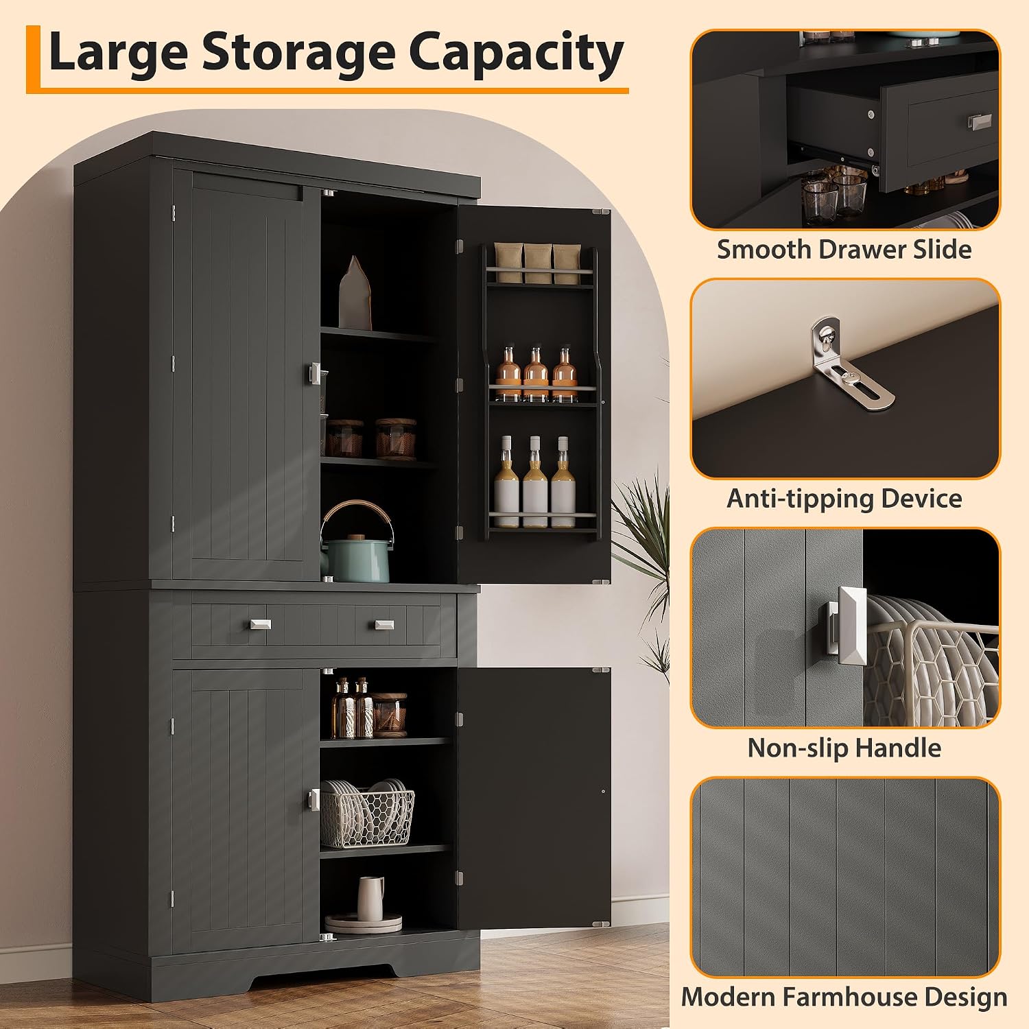 IDEALHOUSE 72" Kitchen Pantry Cabinet with Drawer, Doors and Shelves, Wood Farmhouse Storage Cabinet, Large Storage Cupboard for Living Room, Dining Room(Black)