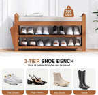 PETKABOO 31.5" Shoe Bench with Coat Rack Hidden Drawer and Side Holder, 2 Tier Entryway Bench with Storage 39.4 in, Bamboo Shoe Rack with Cushion for Entryway Hallway Living Room Bedroom