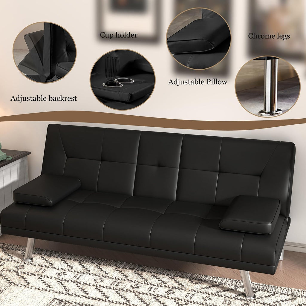 67"Modern Futon Sofa Bed,Convertible 3 in 1 Sleeper Bed Couches with Adjustable Backrest,Cup Holders,Comfy PU Leather Recliner Sofa Loveseat with Chrome Legs for Small Home Living Room (Black)