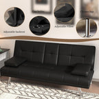 67"Modern Futon Sofa Bed,Convertible 3 in 1 Sleeper Bed Couches with Adjustable Backrest,Cup Holders,Comfy PU Leather Recliner Sofa Loveseat with Chrome Legs for Small Home Living Room (Black)