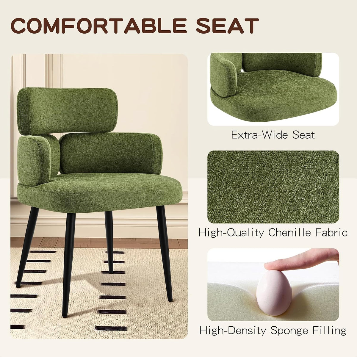 Accent Dining Chair with Arms,Set of 2 Modern Upholstered Desk Chair with Soft Fabric Black Metal Legs, Comfy Spacious Seat & Back for Dining Room/Living Room/Bedroom, Green