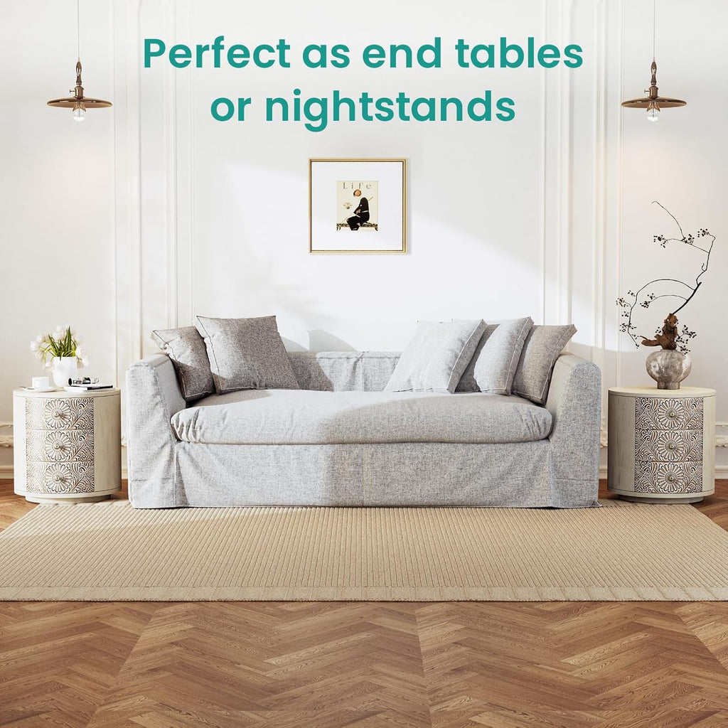 SUNBURY Round Night Stand Set of 2, Farmhouse Bedside Table, Farmhouse End Table, Vintage Wood Nightstand with Drawers, Round Accent Table for Living Room, Bedroom, No Assembly Required