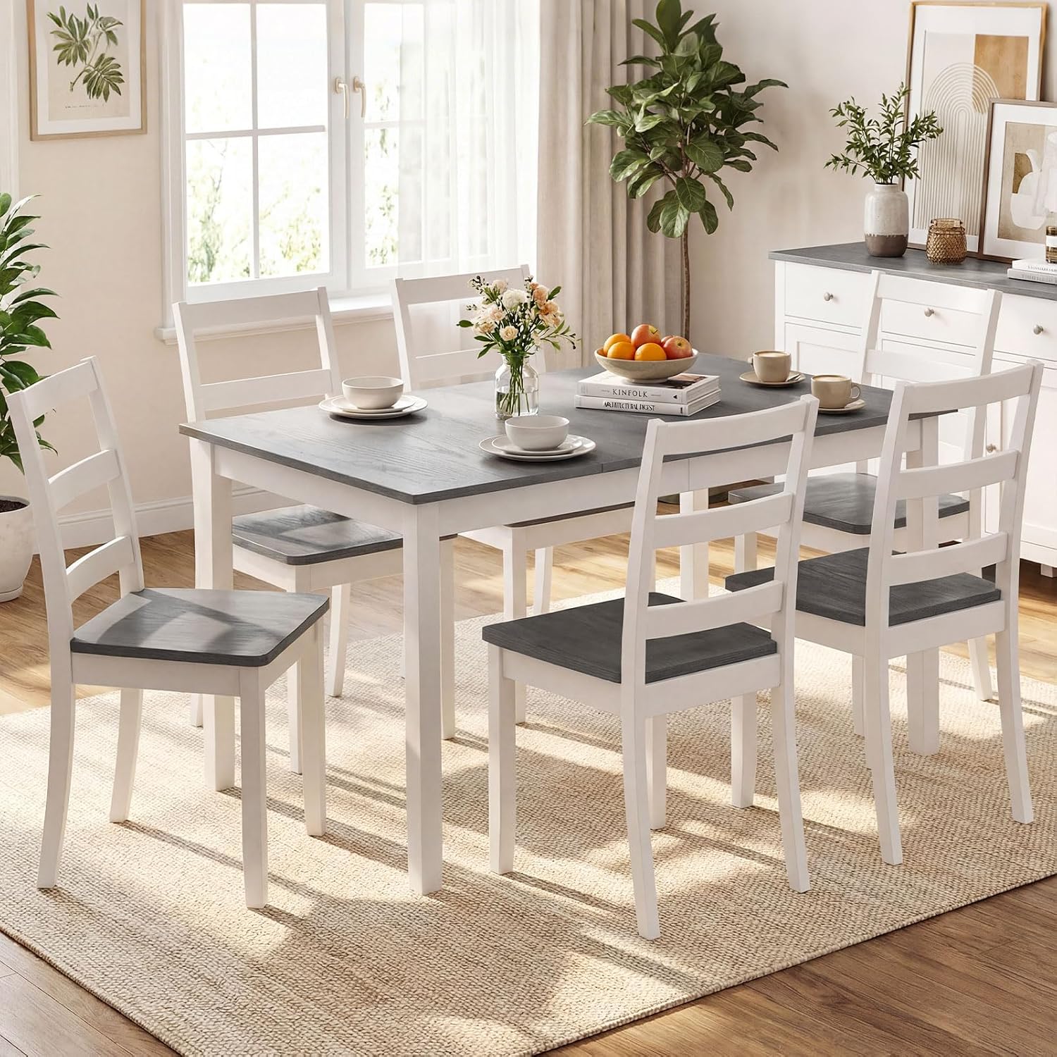 GIANTEX 7-Piece Dining Table Set for 6, Rectangular 60-inches Kitchen Table and 6 Dining Chairs with Rubber Wood Legs, Protective Foot Pads, Farmhouse Dinette Set for Dining Room, Restaurant (Gray)