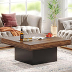 Tribesigns 35.4-Inch Square Coffee Table with LED Light, Modern Wood Coffee Table, Large Center Table for Living Room, Rustic Brown & Black