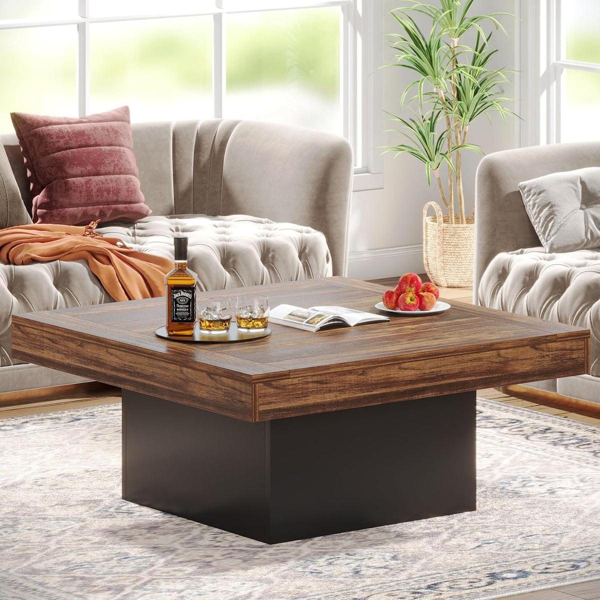 Tribesigns 35.4-Inch Square Coffee Table with LED Light, Modern Wood Coffee Table, Large Center Table for Living Room, Rustic Brown & Black