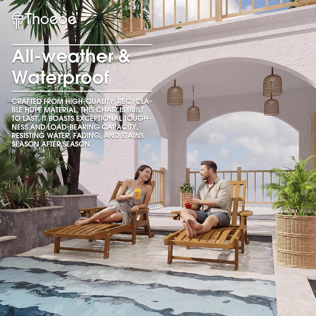 THOEOE Patio Chaise Lounge Chair,HDPE Lounge Chair Outdoor with Wheels | Oversized pool lounge chairs with cup holder, 5 adjustable position for patio,outside,pool,deck