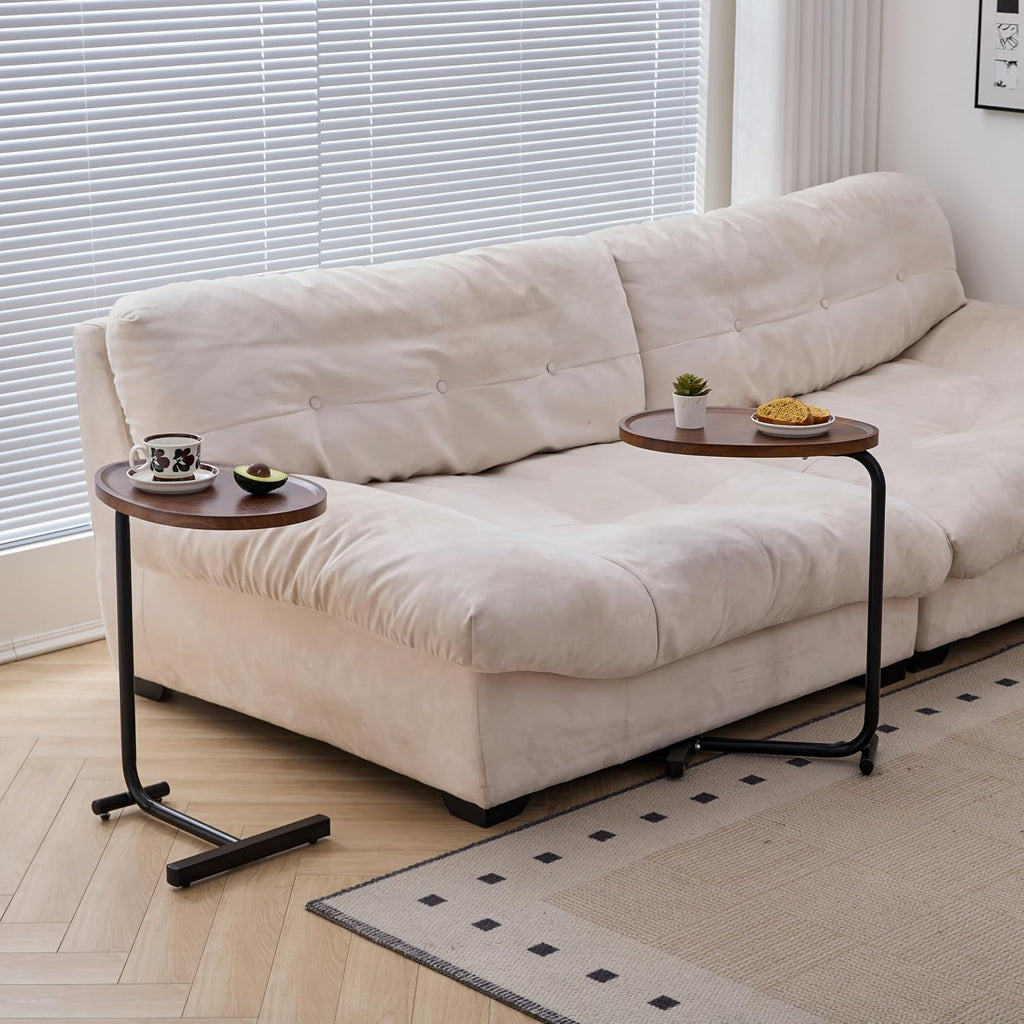 C-Shaped End Table, 2PCS 23.62" H TV Tray Small Side Table for Sofa Couch Bed, Sofa Couch Table with Metal Frame for Living Room, Coffee Drink Table for Small Spaces Bedroom, Walnut