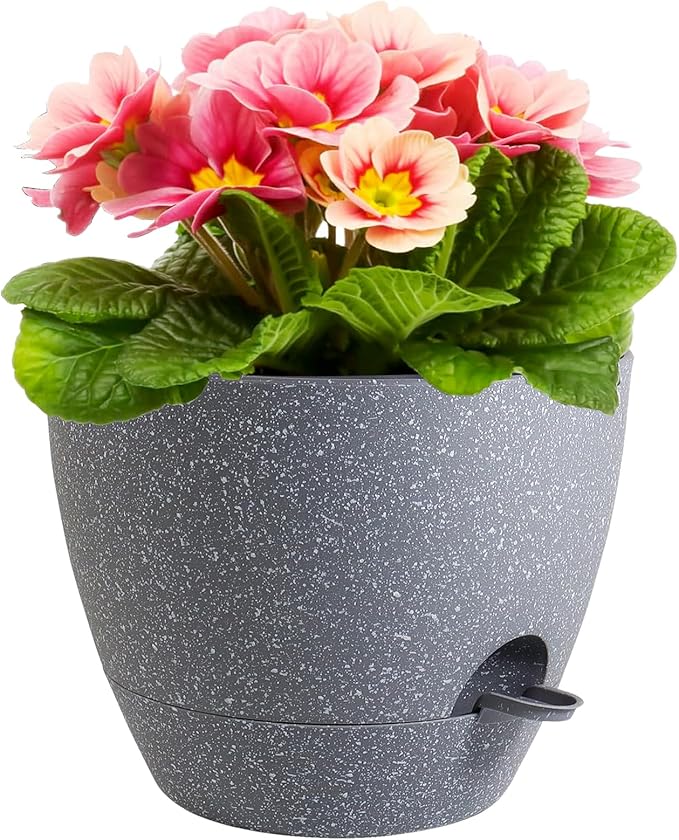 12 inch Large Self Watering Pots, Plant Pots with Mesh Drainage Holes for Indoor Outdoor Plants, Plastic Planters with Deep Reservoir for Garden House Flower Plants, Speckled Grey