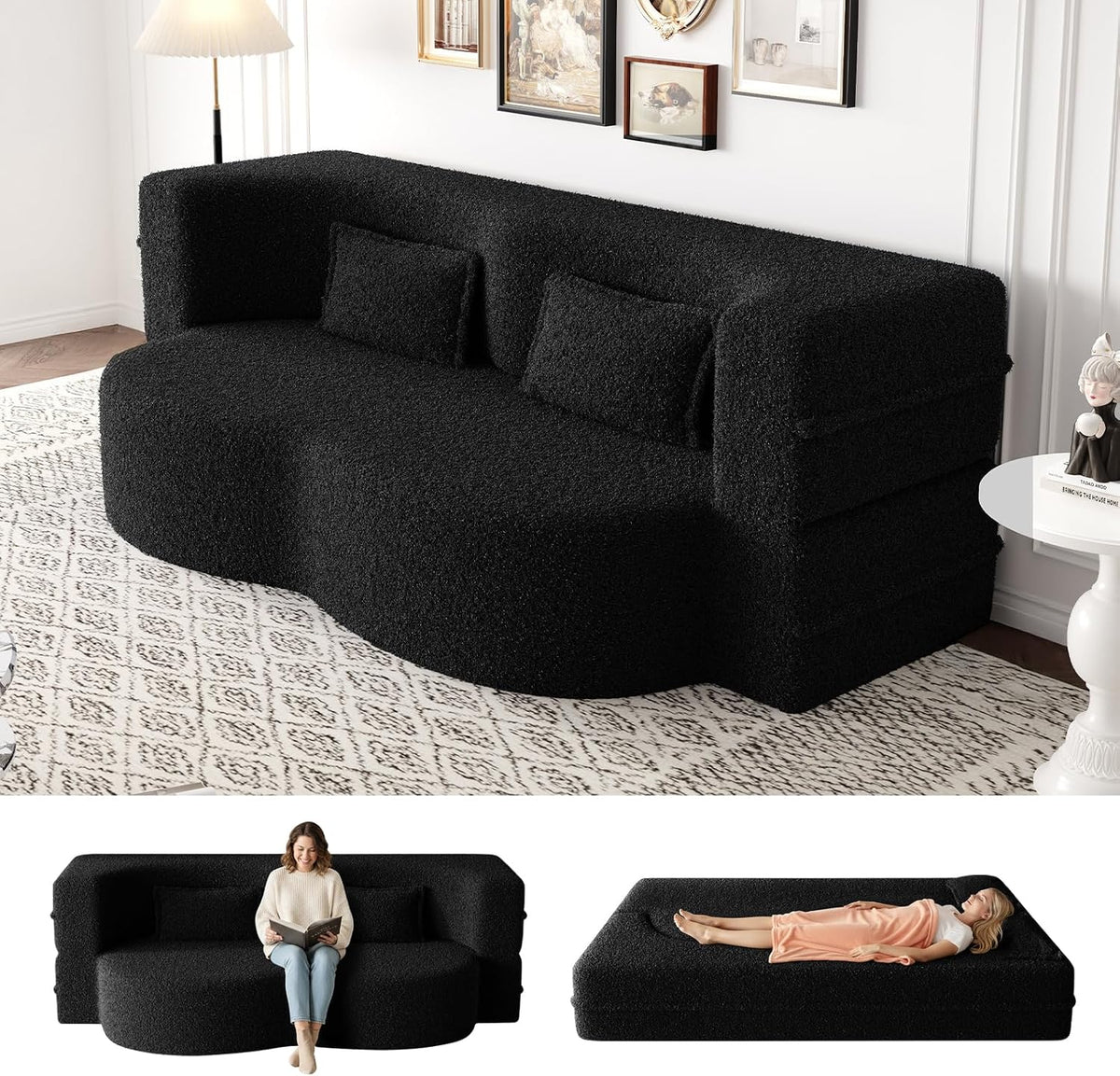CAPCAEK Folding Sofa Bed,15" Full Size Couch for Living Room, Teddy Fabric Foam-Filled, Convertible Loveseat Sleeper Sofa Bed (Black-Teddy)