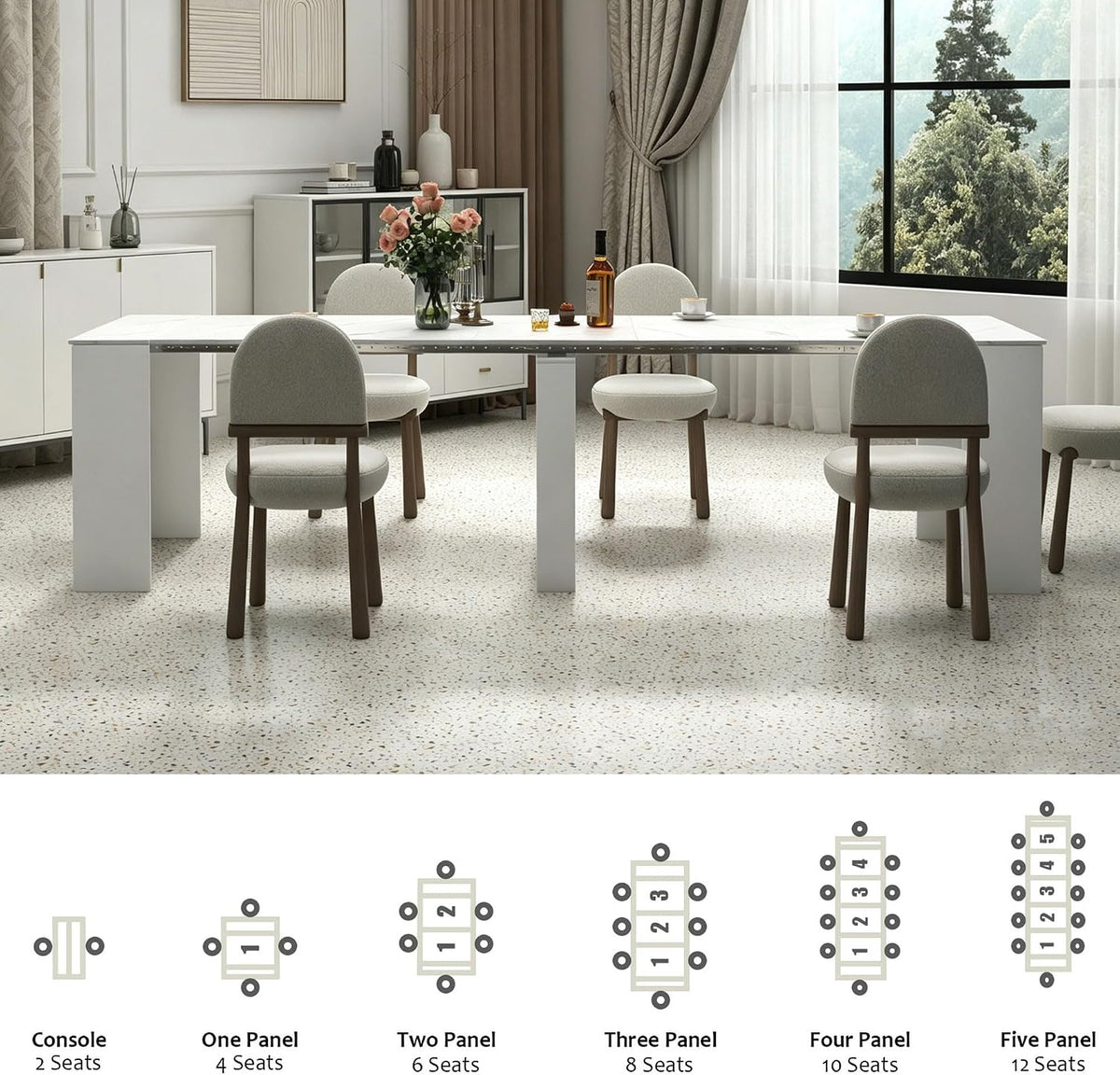 Expandable Dining Room Table, Extendable Table for 10-12 People, Folding Console Table, Space Saving Kitchen Table for Apartment, Marble and White
