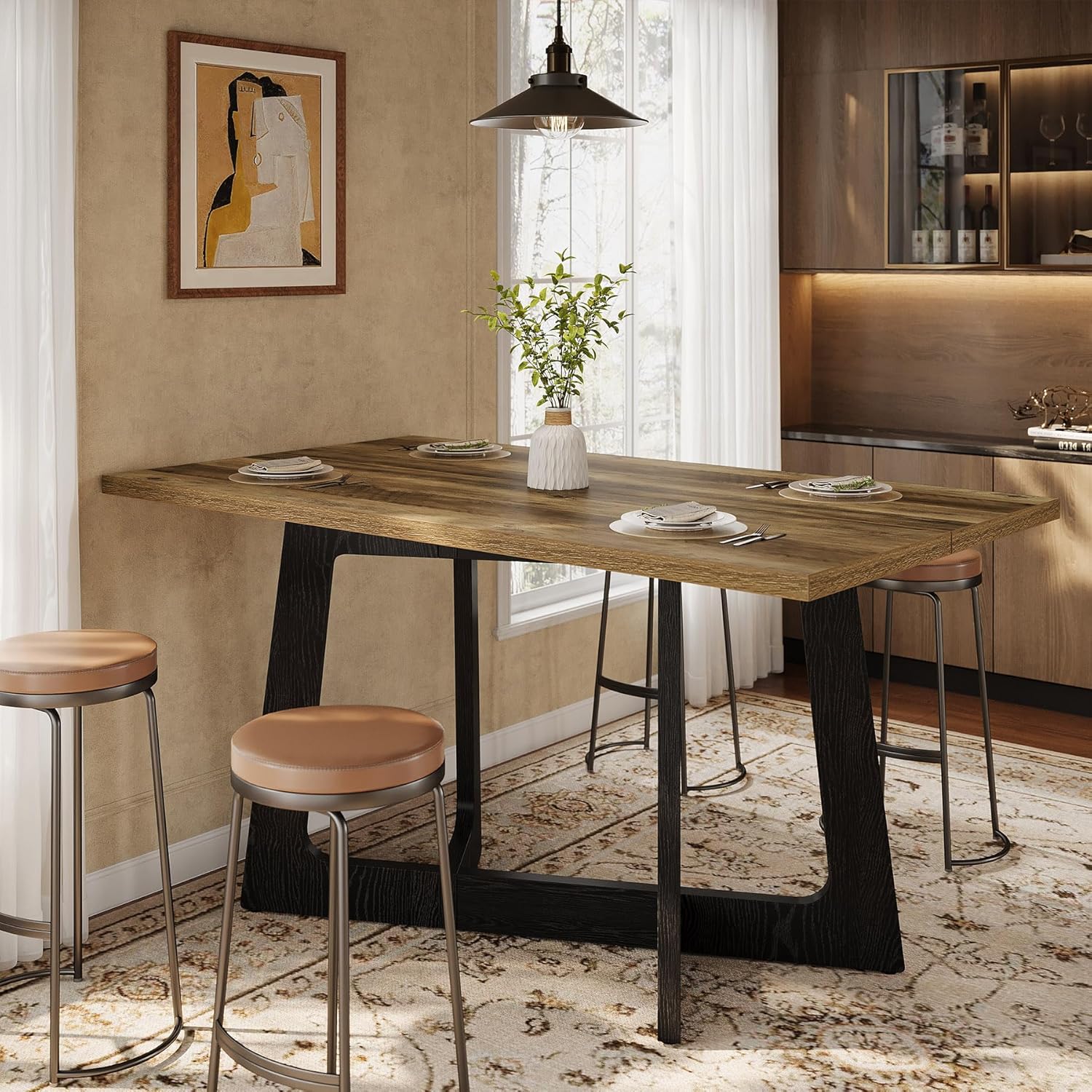 Tribesigns 47-Inch Dining Table for 2-4 People, Small Kitchen Table with Sturdy Pedestal Base, Farmhouse Wood Kitchen & Dining Room Furniture for Small Spaces, Rustic Brown and Black