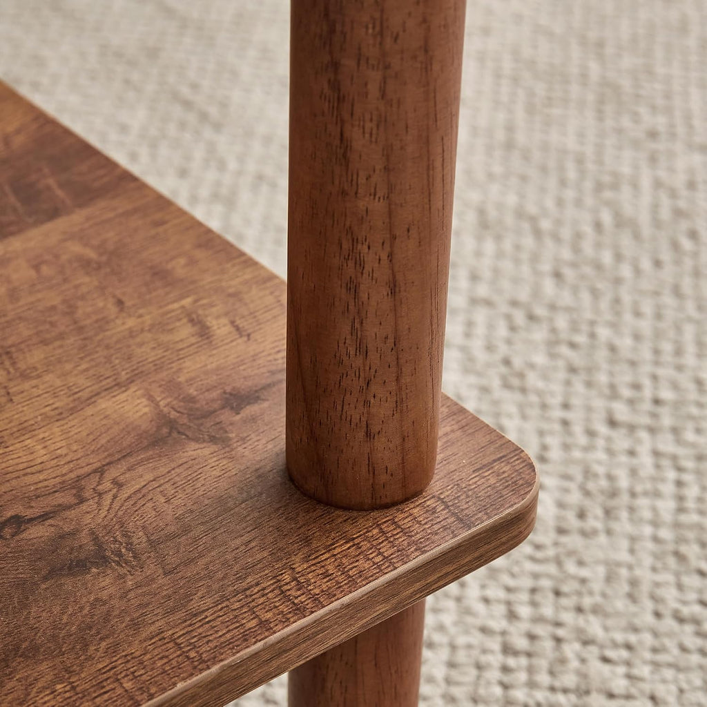 Modern Double-Layer Living Room Coffee Table, Rectangular Center Table with Open Storage Rack, Circular Rubber Wooden Leg Coffee Table, Stable and Durable, Easy to Assemble (Walnut + MDF)