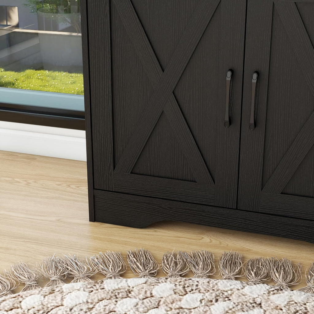 Panana Sideboard 2 Drawers 2 Doors Entryway Storage Cabinet Living Room Organizer Farmhouse Style Wooden Kitchen Cupboard (Black)