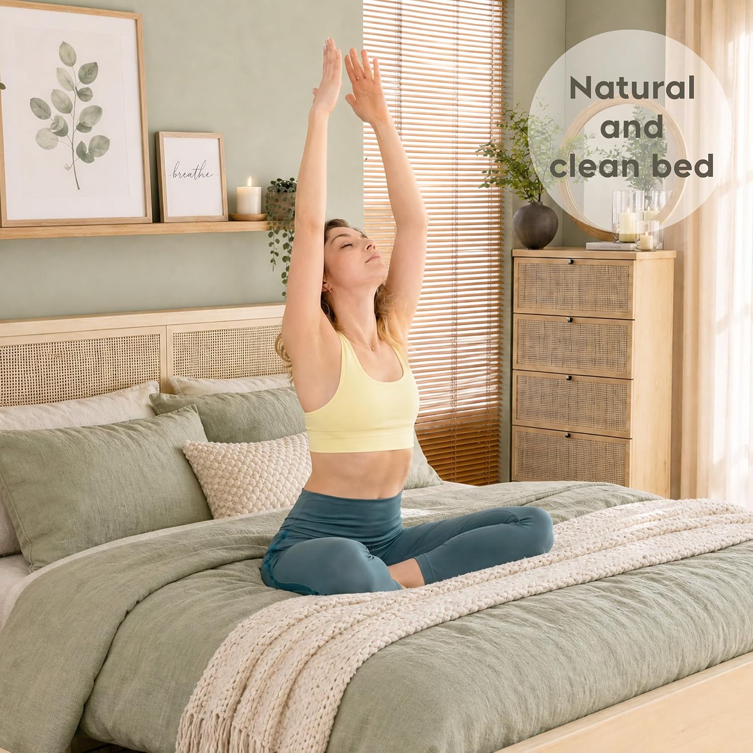 Yechen Queen Bed Frame with Natural Rattan Headboard and Wooden 4 Storage Drawers, Metal Platform with Strong Wooden Slats Support, Boho Cane Bed Mattress Foundation, No Box Spring Needed