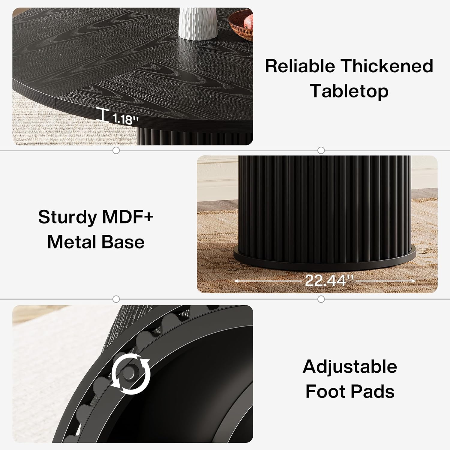 Tribesigns 47.24" Black Round Dining Table for 4-6 People | Modern Fluted MDF + Metal Base Kitchen Table, Sturdy Circle Dining Room Furniture, Easy Assembly, Black