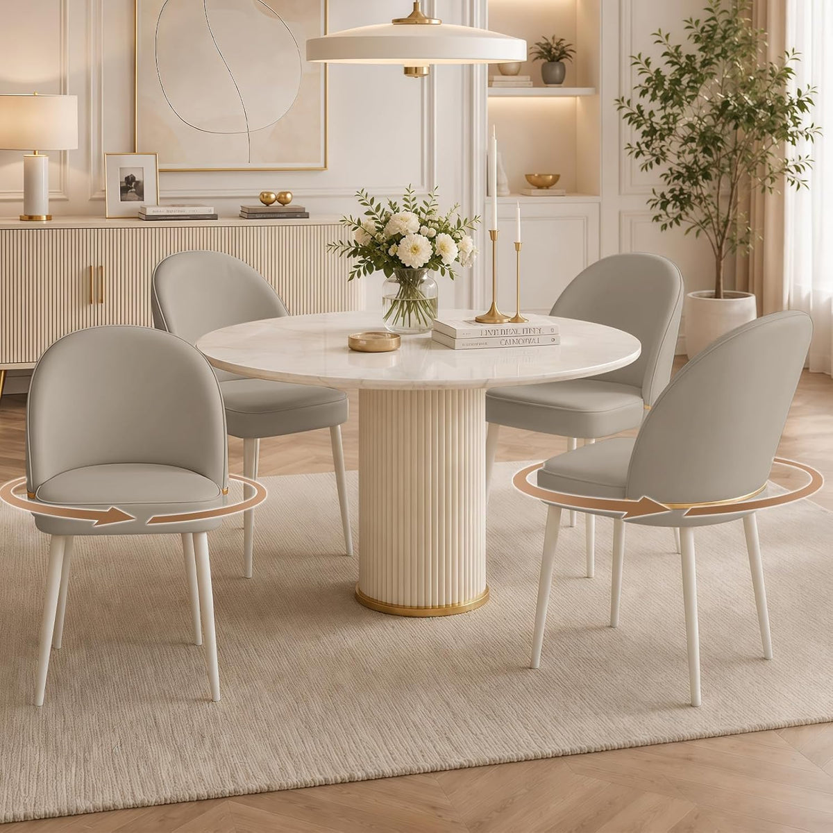 Modern Dining Chairs Set of 4, Swivel Upholstered Dining Chair with Metal Legs, Curved Backrest for Dining Room, Restaurant, Grey