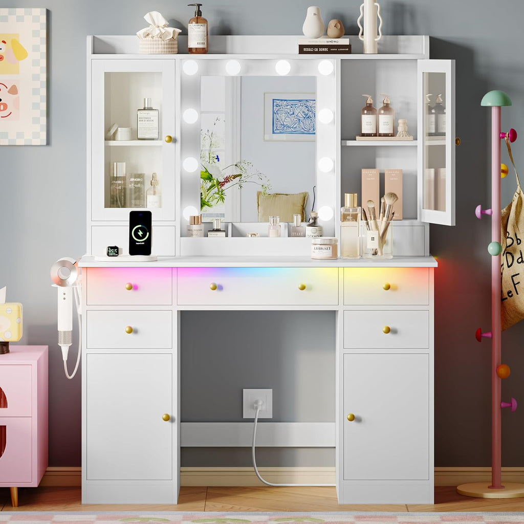 Xixini 44" Vanity Desk with Mirror & Lights, Glass Storage Cabinets, White | Makeup Table Set with Charging Station, RGB Light Strip, 7 Drawers & Open Shelf, 3 Light Modes & Dimmable for Women & Girls