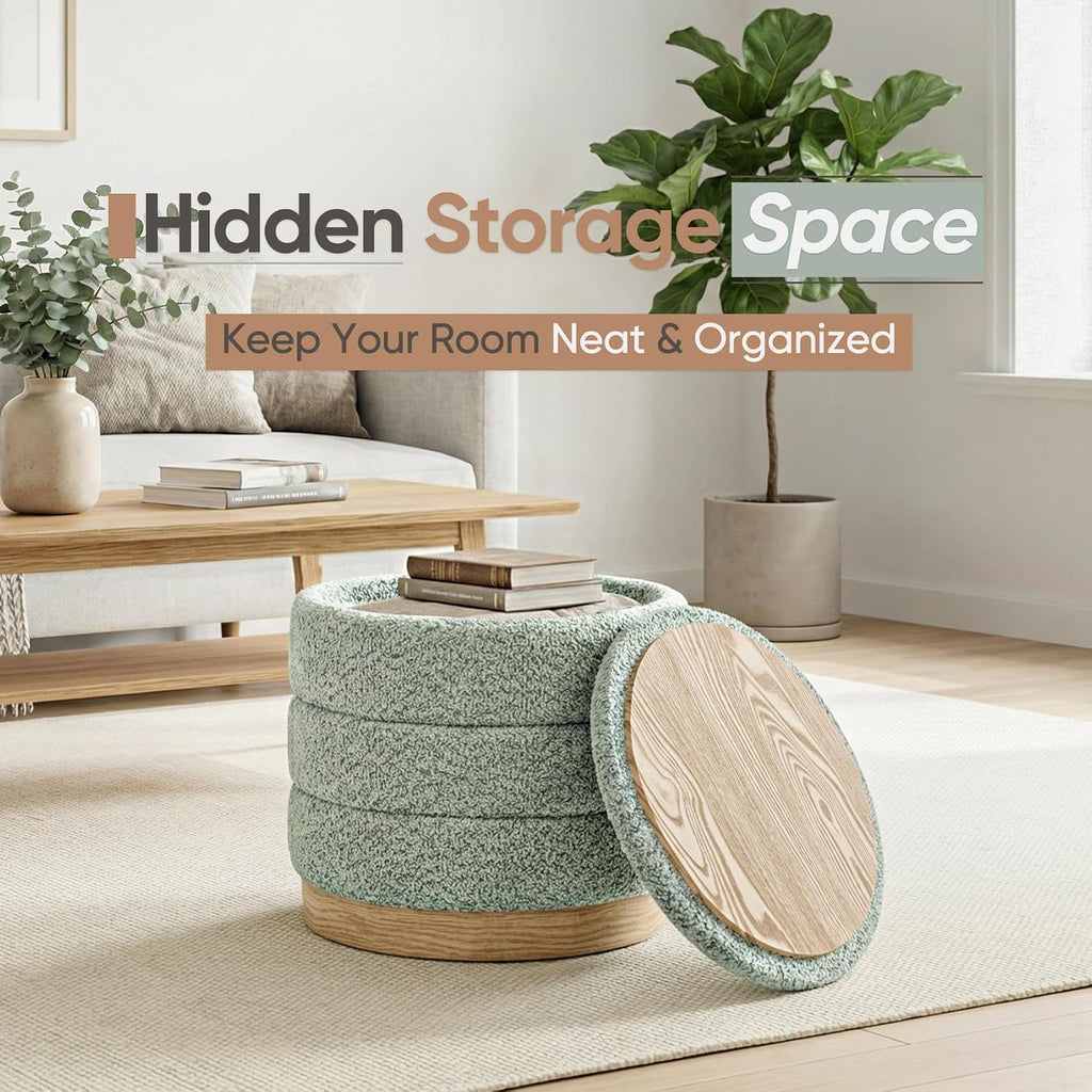 Round Storage Ottoman with Reversible Tray Lid, Folding Chenille Fabric Footrest with Hidden Storage, 15.4" Footstool for Small Spaces Living Room Bedroom, Wood Grain Base, Sage Green