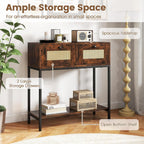 GOFLAME Rattan Console Table, Boho Entryway Table with 2 Drawers & Open Storage Shelf, Narrow Long Sofa Table with Metal Legs, Foyer Table Behind Couch Table for Living Room, Hallway, Rustic Brown