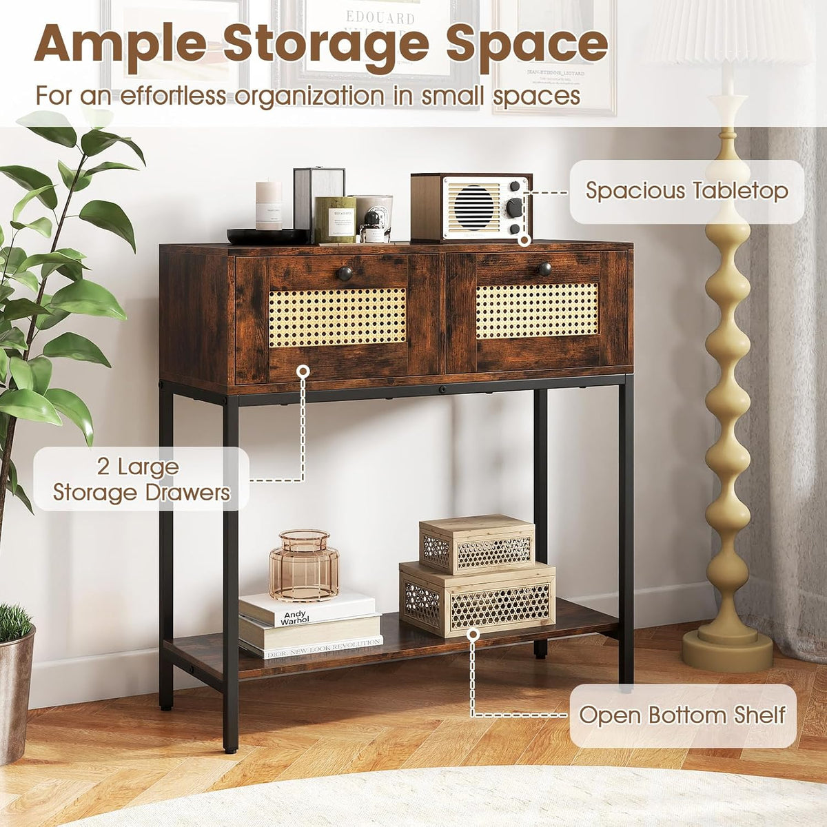 GOFLAME Rattan Console Table, Boho Entryway Table with 2 Drawers & Open Storage Shelf, Narrow Long Sofa Table with Metal Legs, Foyer Table Behind Couch Table for Living Room, Hallway, Rustic Brown