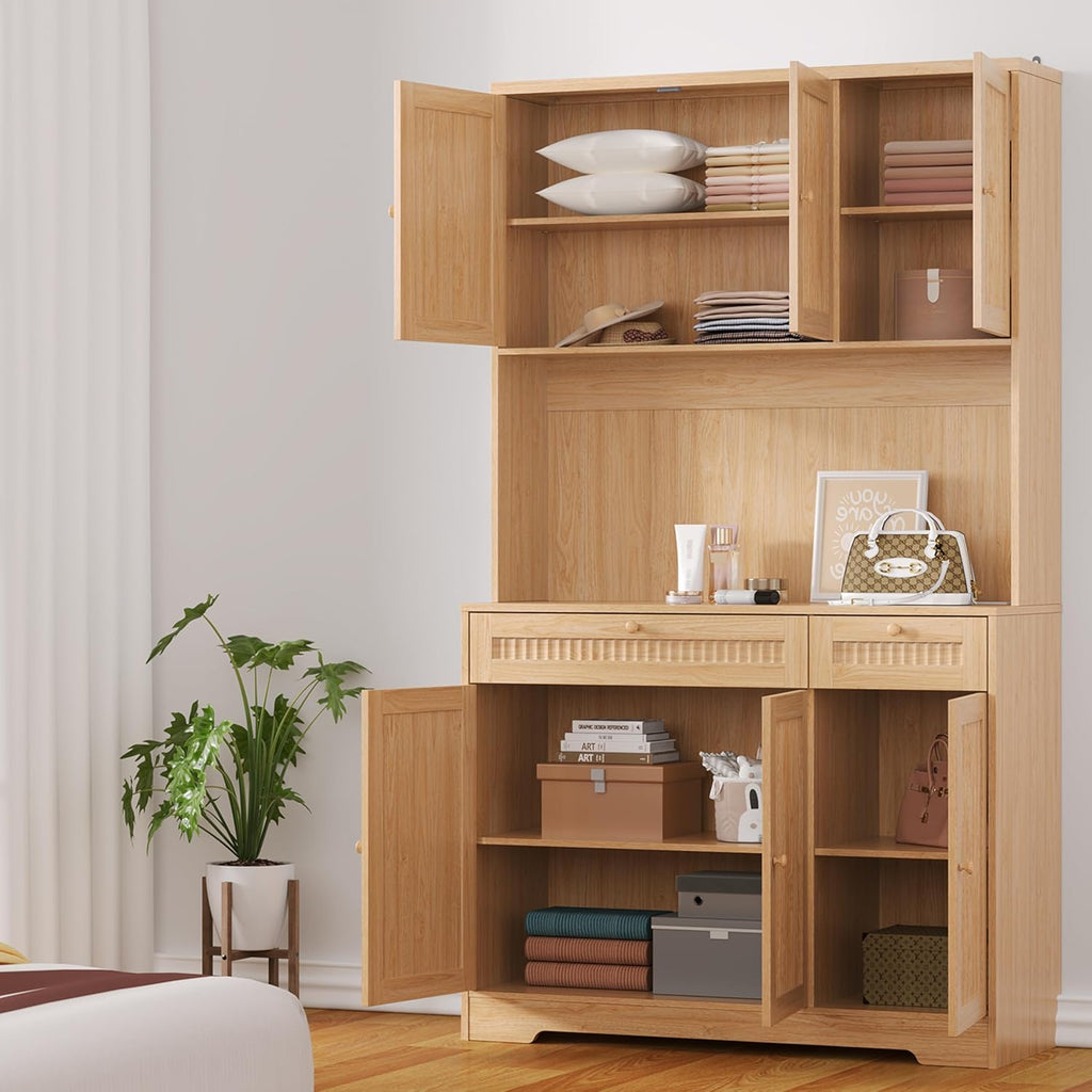 Pantry Storage Cabinet with Charging Station, Kitchen Storage with Adjustable Shelves, Food Pantry Cabinet with Coffee Bar Storage, Modern Kitchen Cupboard for Dining Room, Living Room, Oak