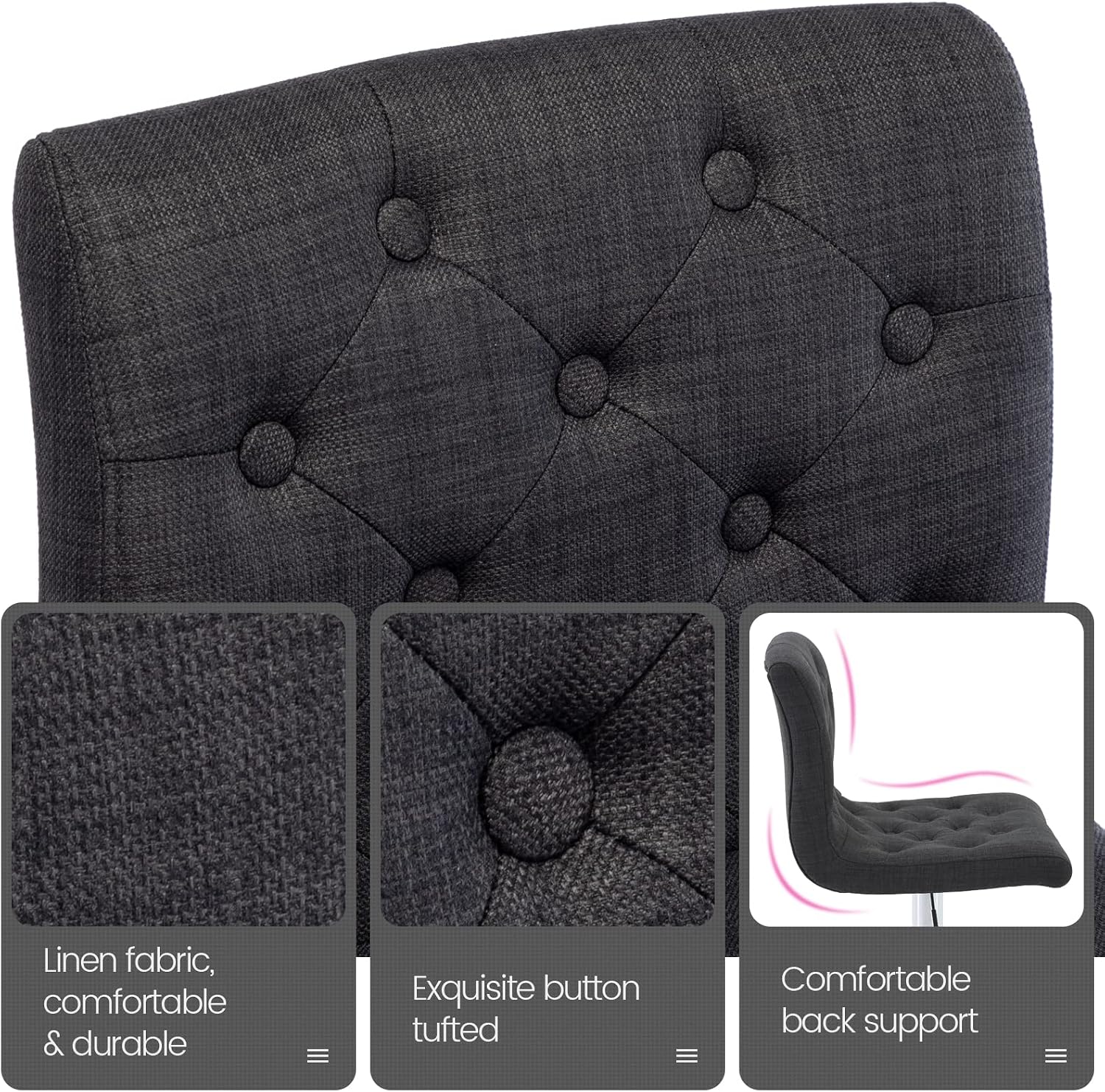 Brage Living Tufted Fabric Bar Stools Set of 2 with Back, Charcoal Black | Seat Height Adjusts 24.75"-33", Swivel Counter Height Barstools, Upholstered Airlift Bar Chairs for Kitchen Dining Cafe