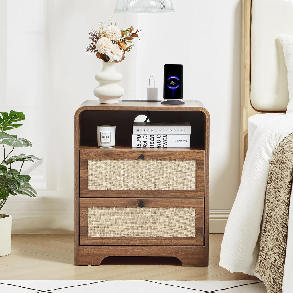 Farmhouse Nightstand with Charging Station, Night Stand with 2 Drawers, Mid-Century End Table with Linen Decor Storage for Livng Room Sofa Couch, Bedroom, Home Office 19.68"x13.77"x23.62"