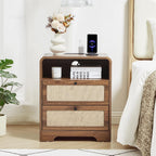 Farmhouse Nightstand with Charging Station, Night Stand with 2 Drawers, Mid-Century End Table with Linen Decor Storage for Livng Room Sofa Couch, Bedroom, Home Office 19.68"x13.77"x23.62"