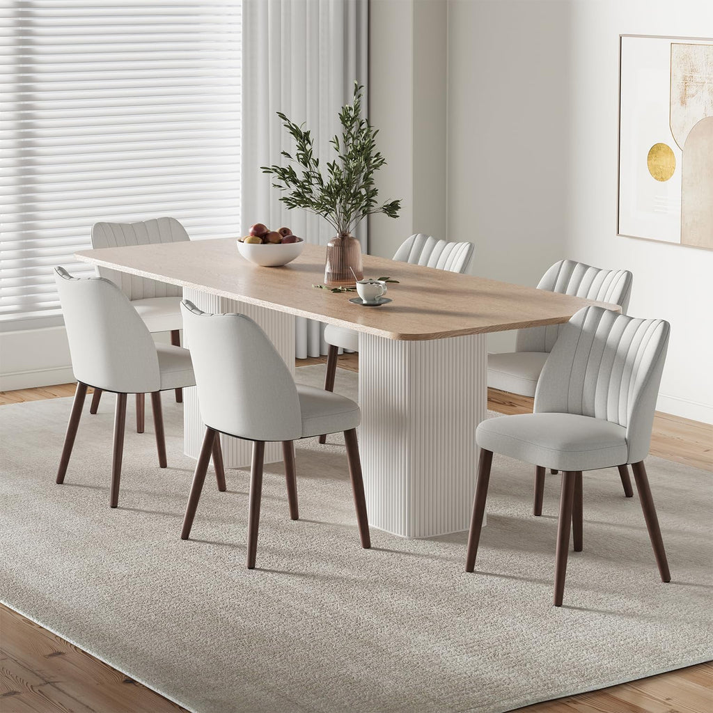 Upholstered Dining Chairs Set of 6, Farmhouse Fabric Kitchen Chairs with Solid Wood Legs, Modern Dining Room Chairs for Restaurant & Cafe, Light Grey