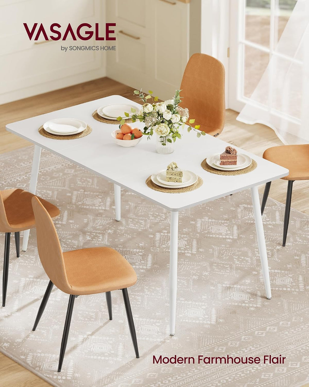 VASAGLE 55.1" Dining Table for 4-6 People, Modern Kitchen Table, Heat-Resistant Tabletop, Quick Assembly, for Dining Room, Snow White, Island Collection UKDT100W101S