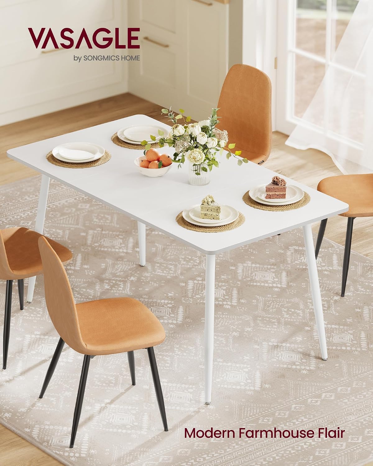 VASAGLE 55.1" Dining Table for 4-6 People, Modern Kitchen Table, Heat-Resistant Tabletop, Quick Assembly, for Dining Room, Snow White, Island Collection UKDT100W101S