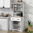 Wooden Kitchen Pantry Cabinet with Framed Glass Doors & Drawer – Microwave Storage Hutch with Adjustable Shelves & Anti-Topple Design