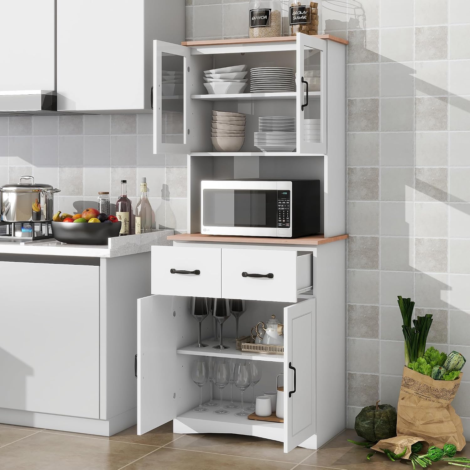 Wooden Kitchen Pantry Cabinet with Framed Glass Doors & Drawer – Microwave Storage Hutch with Adjustable Shelves & Anti-Topple Design