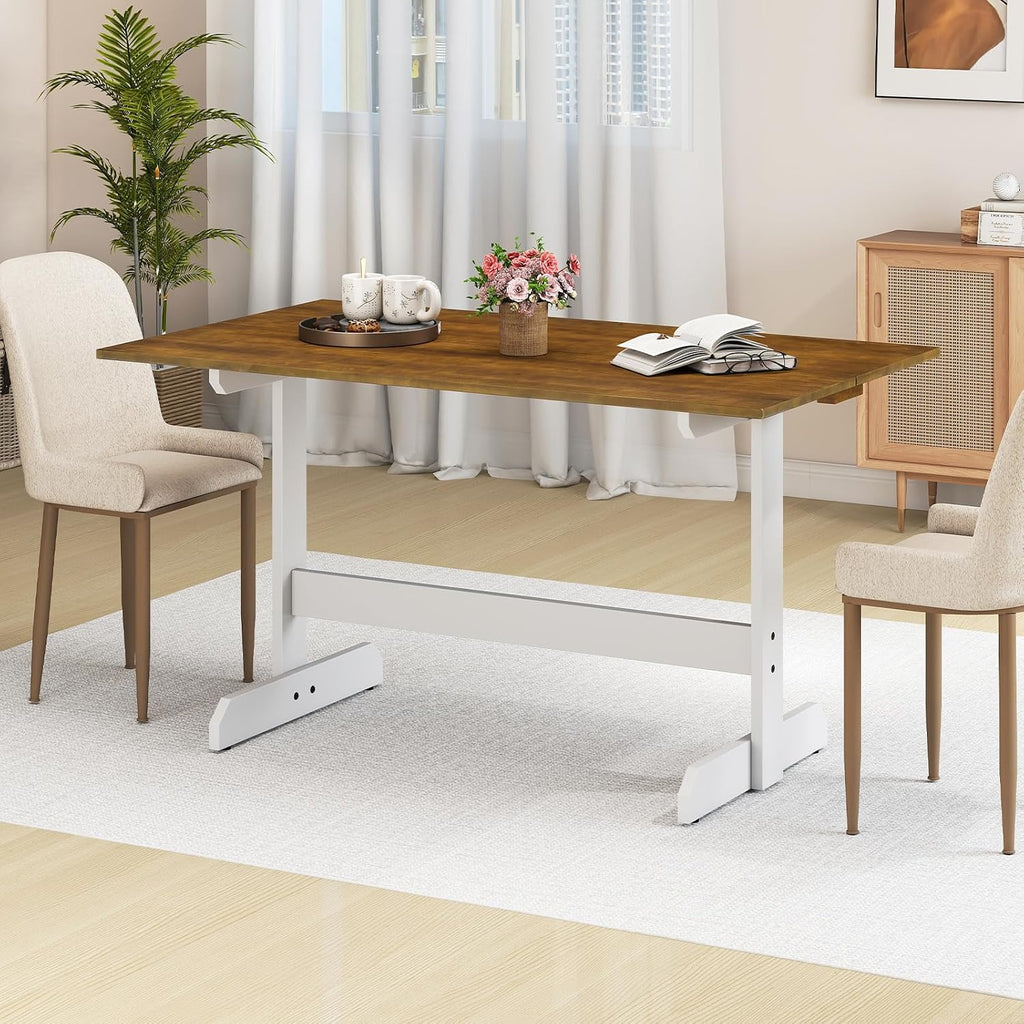Giantex 55" Dining Table for 4-6, Farmhouse Kitchen Table with H-Shaped Rubber Wood Leg, Adjustable Foot Pads, Rectangular Wood Dinner Tables for Dining Room, Home Office, Living Room, Dinette