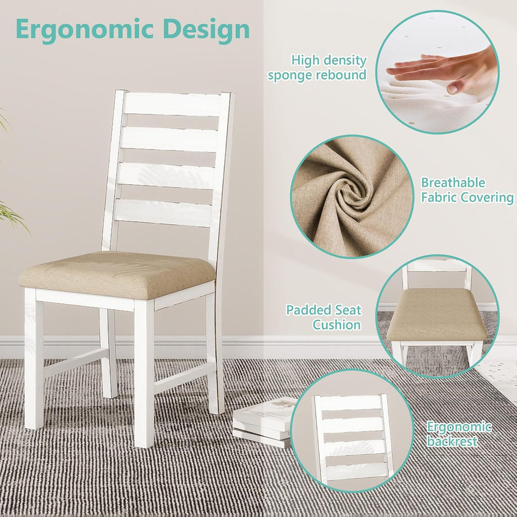 ROCSUMOO Farmhouse Dining Table Set with 4 Chairs and 1 Bench, 59" White Kitchen Table Set, Rectangular Dinner Room Table & Chairs Set Wood (4 Chairs & 1 Bench)